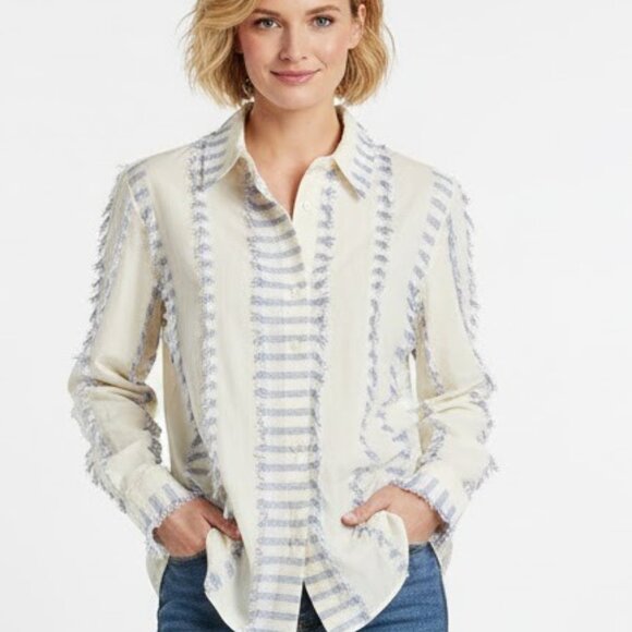 Finley White and Blue Fringe Trim Button Down Shirt Cotton Medium Like New - Picture 1 of 10